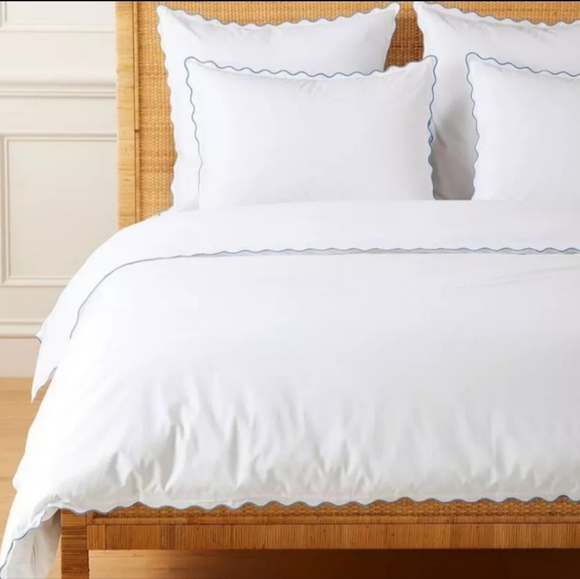 Serena & Lily Wave Percale Duvet And Pillow Shams Twin Size White Blue Piping - Picture 1 of 5